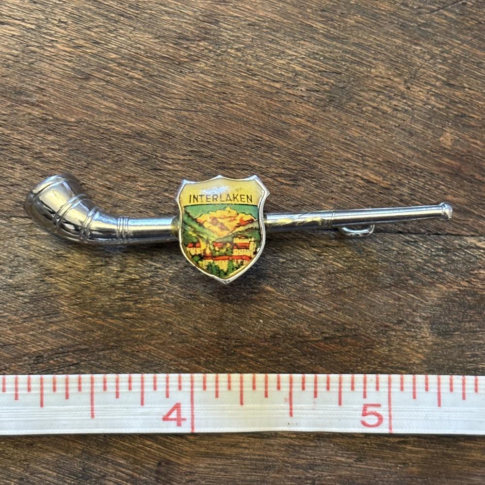 Interlaken Switzerland Faux Enamel Pipe Pin Silver Tone
